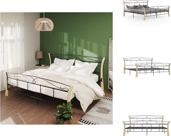 vidaXL Bedframe - Massief metalen en eikenhouten constructie - Tweepersoons - 206 x 200 x 100 cm - Zwart en lichthout - Bed