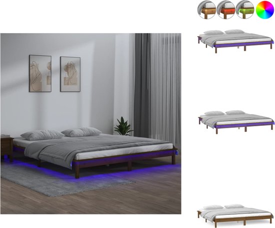 vidaXL Bedframe Grenenhout LED-verlichting - 202 x 151.5 x 26 cm - RGB LED - Honingbruin - Geschikt voor 140 x 190 cm matras - Bed