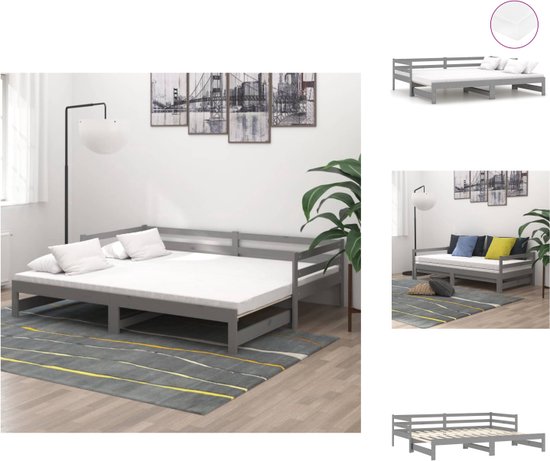 vidaXL Houten Slaapbank - Grijs - 203x184x56 cm - Massief grenenhout - Inclusief 2 matrassen - Bed