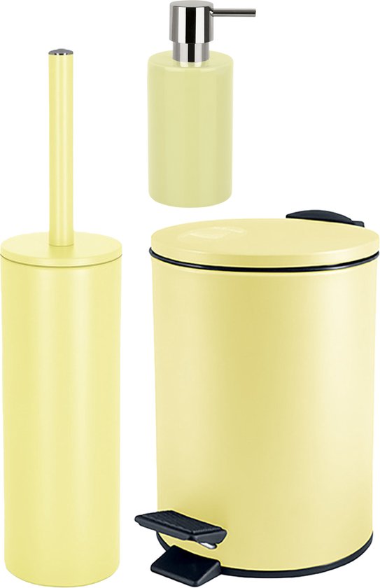 Spirella Badkamer accessoires set - WC-borstel/pedaalemmer/zeeppompje - metaal/keramiek - geel - Luxe uitstraling