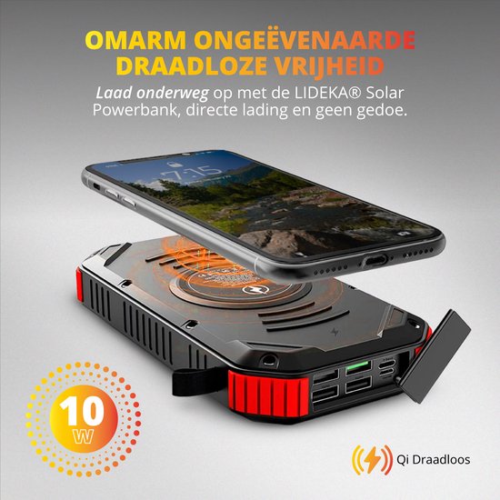 Lideka - Solar Powerbank Charger - 4x USB - USB C - Snel & Draadloos Opladen﻿ - 30.000 mAh - Op Zonne-energie - Outdoor - Geschikt voor Iphone, Samsung, Apple - LIDEKA