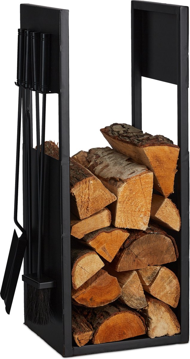 brandhoutrek met haardset - metaal - 76,5 x 36 x 30 cm - binnen - stookhout - open haard - zwart