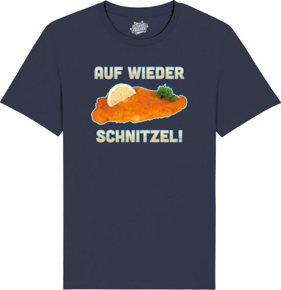 Auf Wieder schnitzel! - Grappige Apres Ski en Bier Wintersport Kleding - Mannen / Vrouwen / Unisex - Foute Ski en Snowboard Vakantie Outfit Cadeau - Unisex T-Shirt - Navy Blauw - Maat 4XL