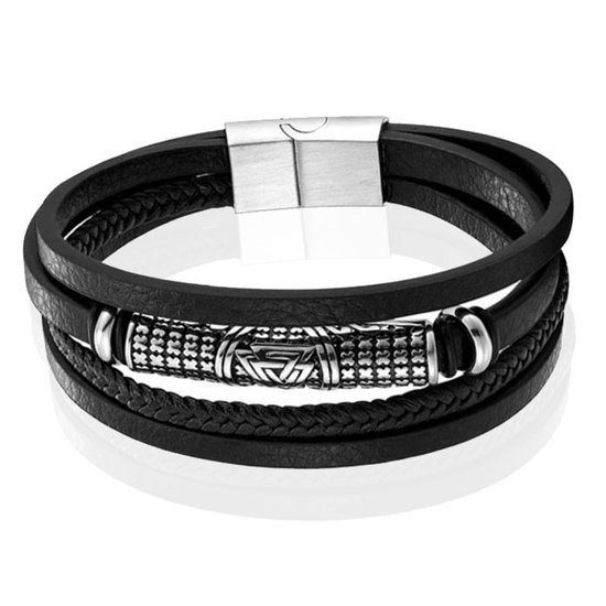 Mendes Jewelry Heren Armband - Stijlvol Zwart Leder met Zilveraccenten-23cm