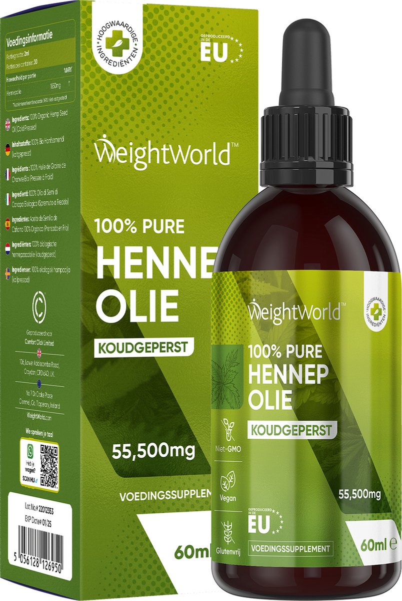 Goedkoopste WeightWorld Hennepzaadolie (koudgeperst) - 1900 mg per portie - 60ml hennepolie voor 1 maand