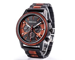 HO23-C09.2 : Bruin houten Chronograaf horloge, houten schakelband, dag, horlogesluiting ** KADO edelsteen armband