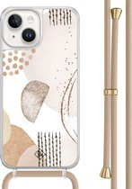 Casimoda® hoesje met beige koord - Geschikt voor iPhone 14 - Abstract Shapes - Afneembaar koord - TPU/acryl - Bruin/beige