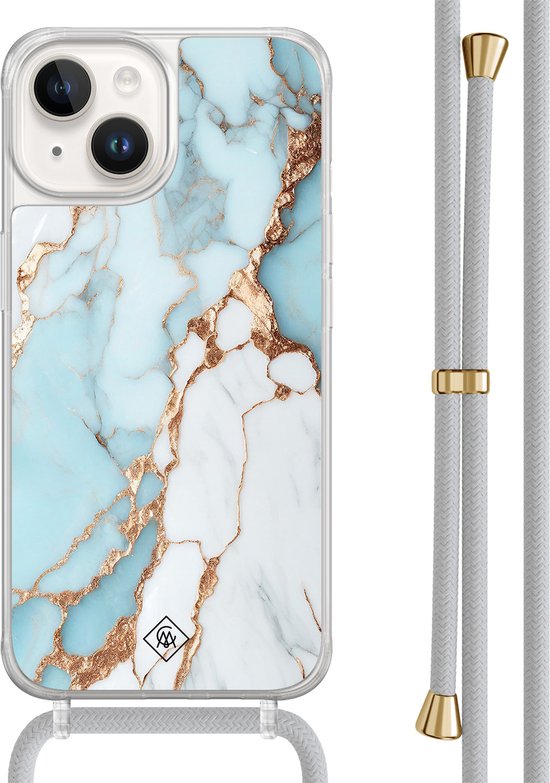 Casimoda® - Coque iPhone 14 avec cordon gris - Marbre bleu clair - Cordon amovible - TPU/acrylique