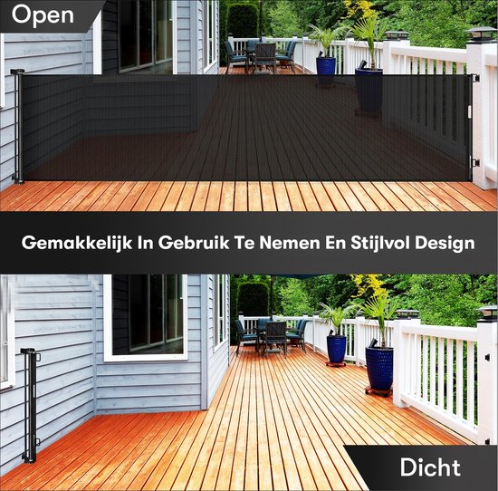 Zwart oprolbaar hekje op een terras, getoond open (boven) en gesloten (onder).