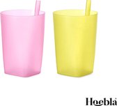 2 gekleurde open Rietjesbekers | Hoebla® | Roze, Geel - 400 ml - Incl. vast rietje - Vaatwasser bestendig - Kinderen - Kinderbeker - Peuterbeker - Kleuterbeker