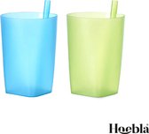 2 gekleurde open Rietjesbekers | Hoebla® | Blauw, Groen - 400 ml - Incl. vast rietje - Vaatwasser bestendig - Kinderen - Peuterbeker - Kleuterbeker