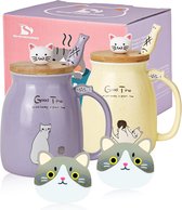 Pakket van 2 kattencups, schattige keramische koffiekopjes in een set van 2 met bamboe deksel en lepel, grappige ochtendbeker, koffie, melk, theekopjes, 3D-dierlijke kattencups voor kattenliefhebbers (paars en geel)