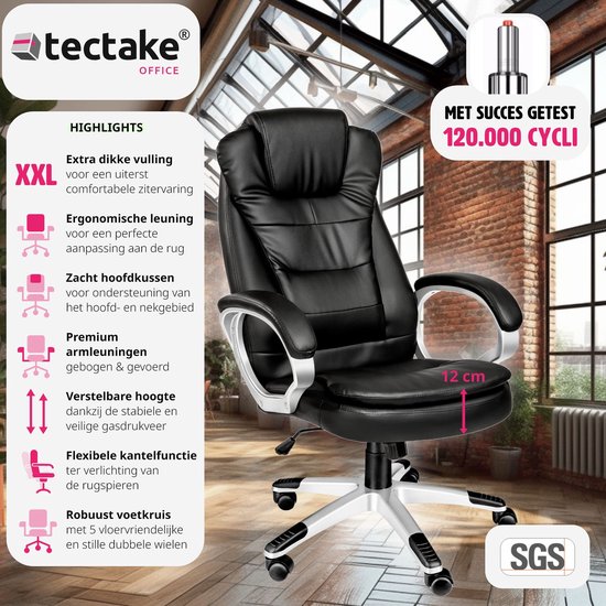 Tectake Luxe Design Bureaustoel - Zwart - Kunstleer - Verstelbaar - 400578 - Tectake