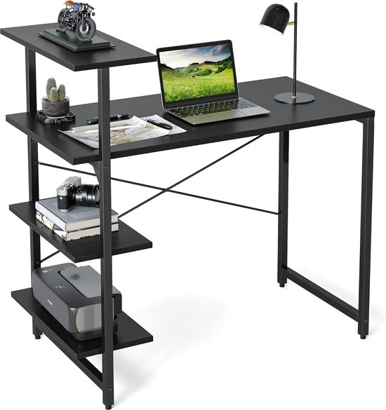 Kleine bureau met plank, 100 x 50 cm, 3-laags plank, computerbureau, PC gamingtafel, eenvoudig te installeren bureau, stevige stalen framebureaus, zwart.