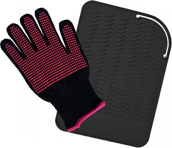 Hittebestendige Mat met Handschoen - Stijltang - Krultang - Warmtetool - Siliconen Hittemat - Hitte Handschoen - Styling Haaraccessoire - Kappers Benodigdheden - Beschermer - Antislip - 230°C - Zwart / Roze