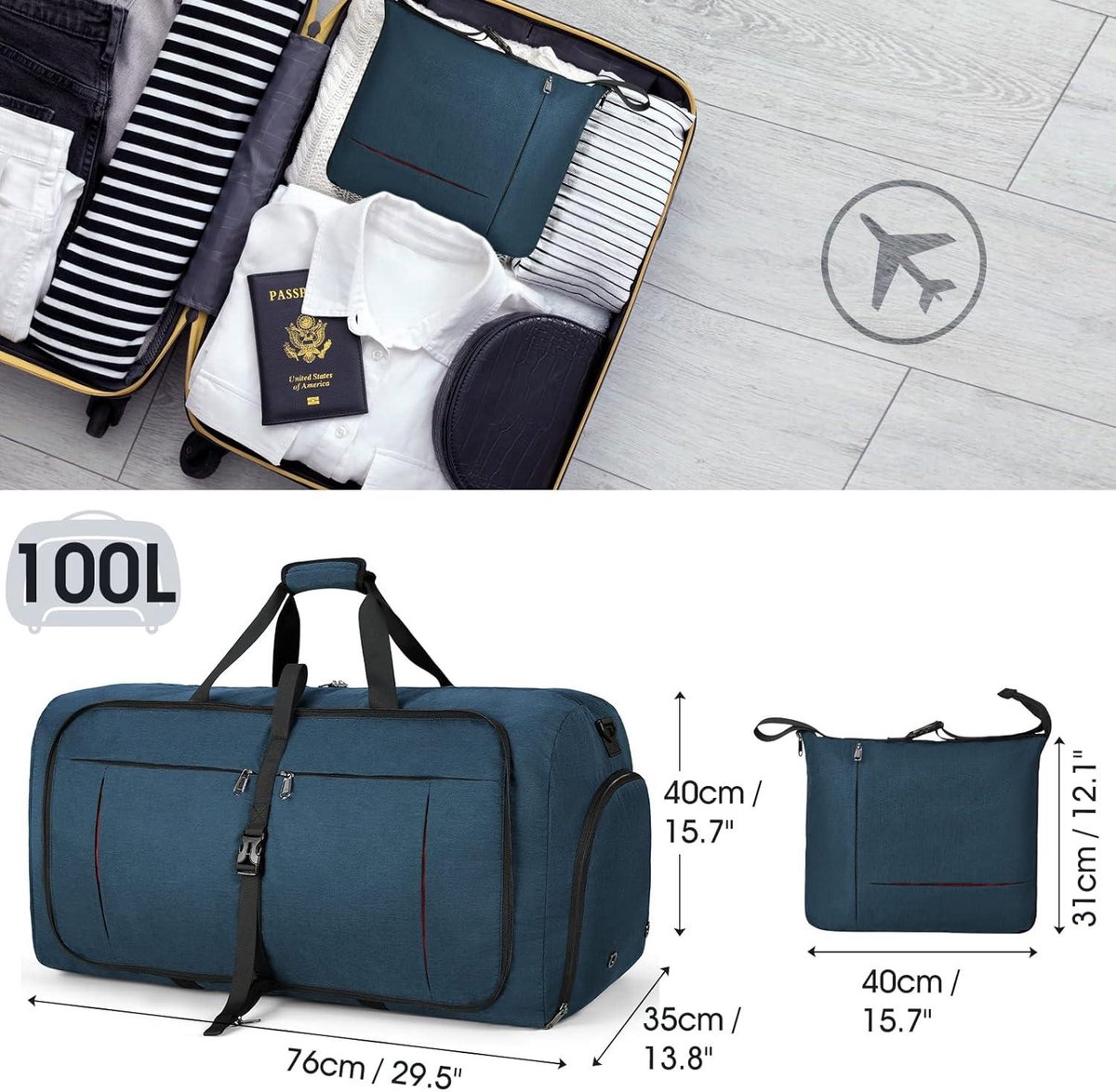 Sac De Voyage 100 Litres Homme/femme - Pliable, Grande Capacité, Avec Bandoulière - Pour Camping, Sport, Week-end