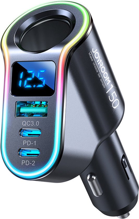 Joyroom Autolader Snellader JR-CL21 4-in-1 USB-A QC3.0 en 2xUSB-C PD 150W - Zwarte Fast Car Charger