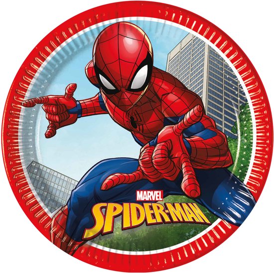 Rood en blauw Spiderman bordje met Spiderman die naar voren wijst, MARVEL SPIDERMAN logo.