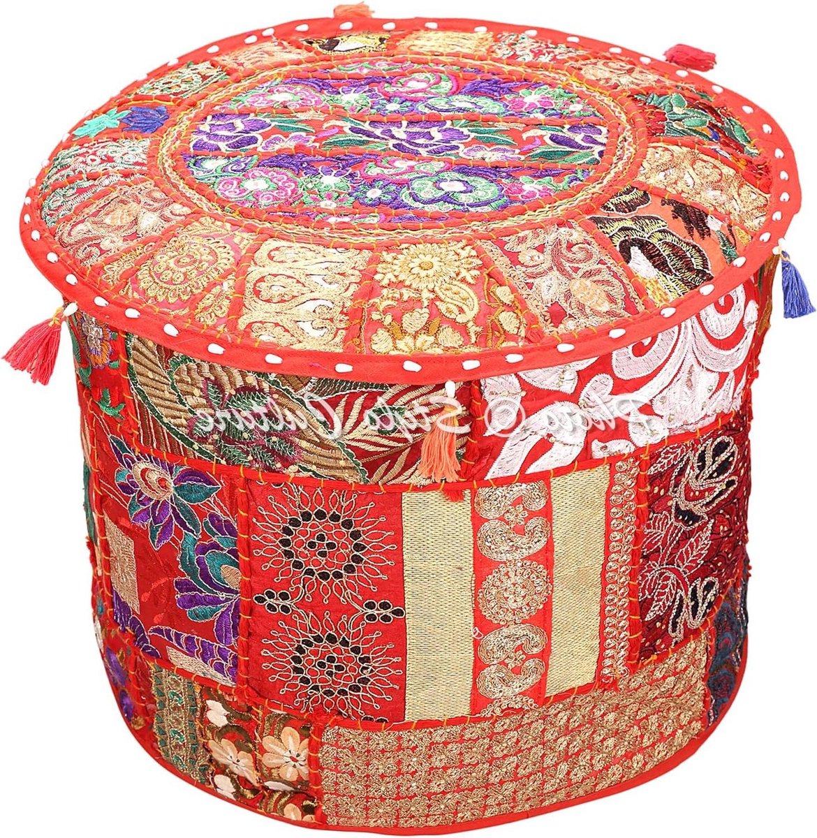 Rood Indisch Geborduurd Patchwork Katoen Traditionele Ronde Stof Poef Cover - Ottomaanse Poefbank Voetenbank (18x18x13 Inch) 45cm