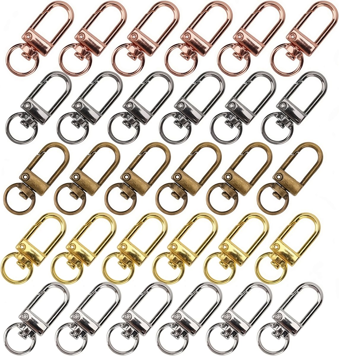 30 Stuks Karabijnhaak - Zilver, Zwart, Brons, Goud en Roségoud - Musketonhaak Sleutelhangers voor Volwassenen - Mini DIY Musketon - Auto Klein Carabiner Sleutel Hanger, Houder - Karabijn haak ringen - Keychain Zelf Maken Karabijnsluiting - voor Hobby