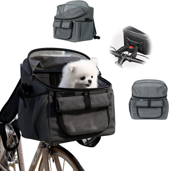 BABEYER Hondenfietsmand, uitbreidbare, zachte fietstransportrugzak met 4 open deuren, 4 mesh-vensters voor kleine hondenkattenpuppy's, grijs