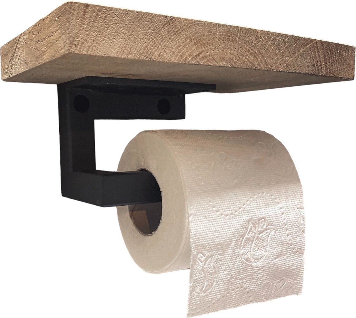 Maison DAM - Toiletrolhouder met eiken plankje - Grijs - Telefoonhouder - Incl. bijbehorende bevestiging- wc rolhouder