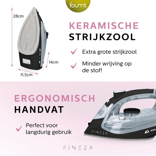 Afmetingen van de keramische strijkzool en handvat van een zwart strijkijzer.