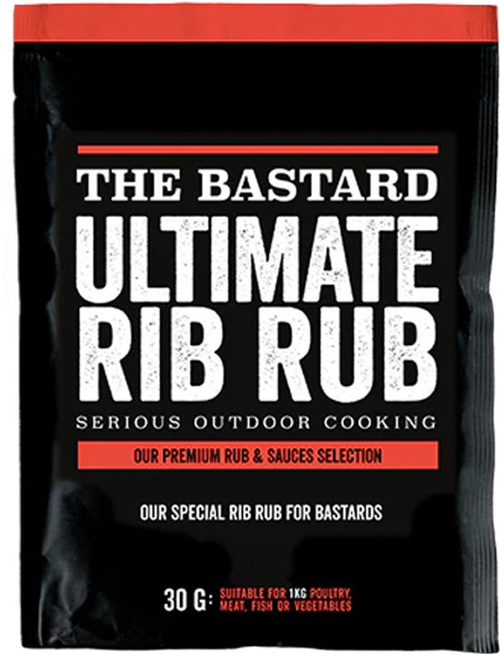 The Bastard Ultimate Rib Rub kruidenmix, 30g, met rode en zwarte verpakking.