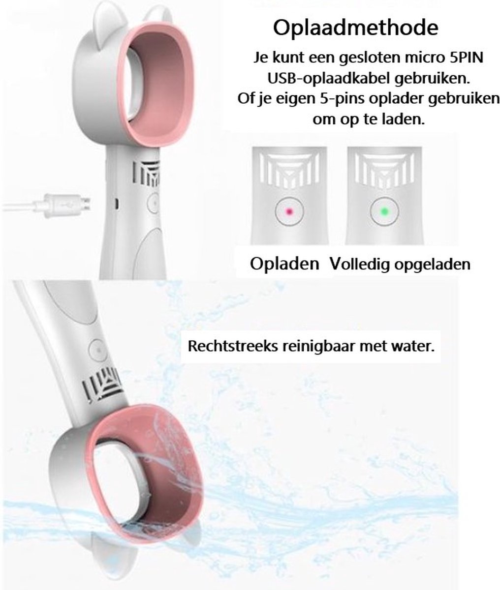 DMV Ventilator - Draadloze - Portable Fan - Bladeless - Bladloos - 3 snelheden - Handventilator - USB Kabel - Kindvriendelijk - Diervriendelijk - Wit/Roze — afbeelding 5