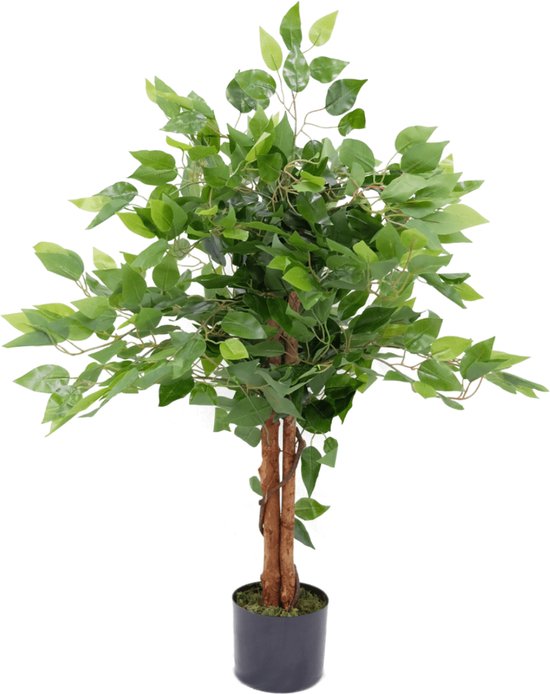 Kunstplant ficus met groene bladeren, bruine stam en zwarte pot, ca. 90 cm hoog.