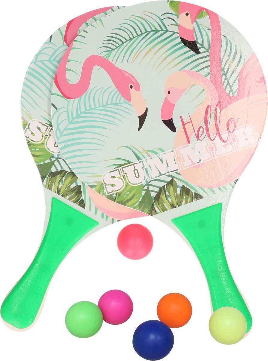 Summertime Beachball set - hout - kleurenmix - strand sport speelset - met 6x balletjes