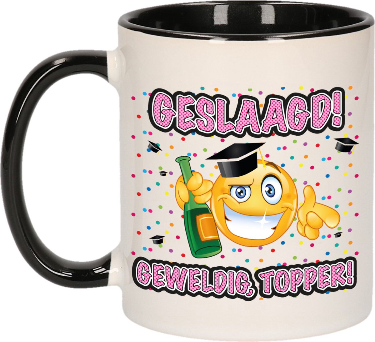 Bellatio Decorations Geslaagd cadeau mok - zwart - Geslaagd! Geweldig, Topper! - Ca. 300 ml