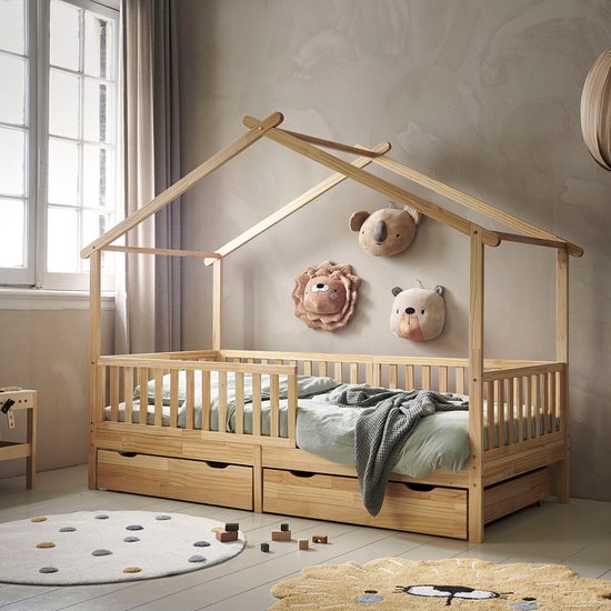 Kinderbed Bedhuisje - Montessori Eenpersoonsbed 90x200 cm - Elegant Huisbed inc. beschermende Hekjes - Massief Duurzaam Grenenhout - Warm naturel - Maison