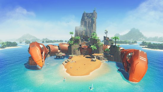 Een eiland met op de voorgrond gigantische rode robotarmen die een klif omarmen, met kleine blauwe robots in het water.