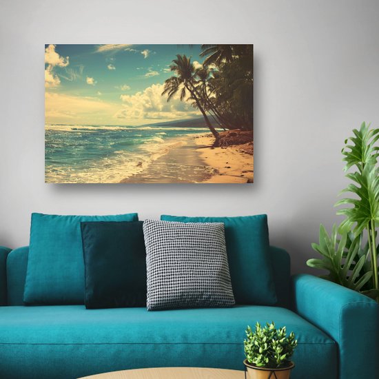 Tableau plage - Portrait paysage - Tableaux toile Palmiers - Tableau Vintage - Tableaux toile salon - Oeuvre toile 60x40 cm