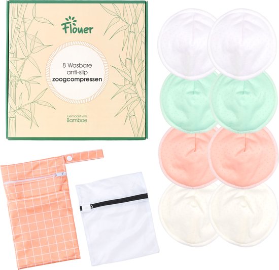 Flouer Antislip Wasbare Zoogcompressen - Extra Absorberend - Dag en Nacht - Inclusief Transporttasje en Waszakje - Borstcompressen Wasbaar - 8 Stuks