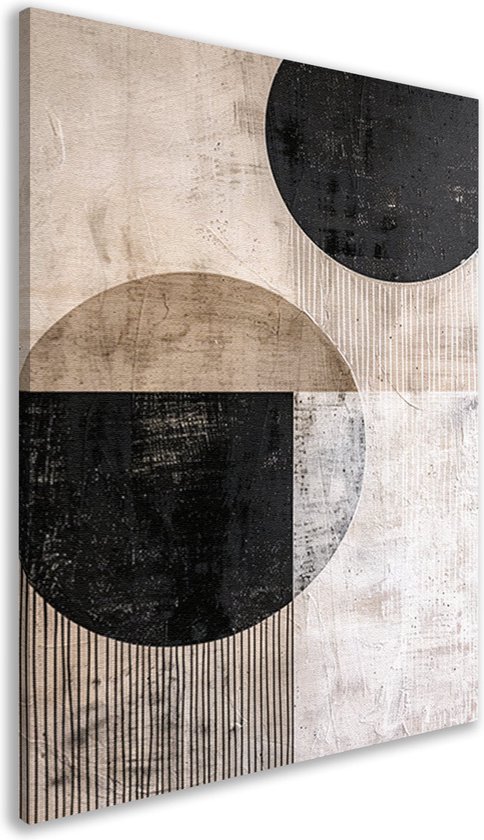 Abstract schilderij met beige, bruine en zwarte cirkels en lijnen.