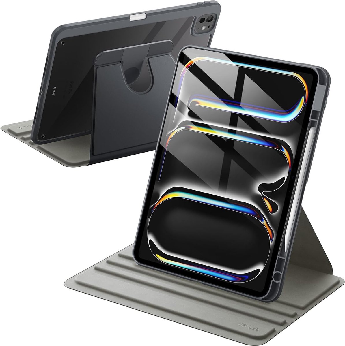 Geschikt voor Apple iPad Pro 13 inch M4 - 360 Graden Rotatie - Met Pencil Houder - Doorzichtig Achterkant - Book Case - Spacegrijs