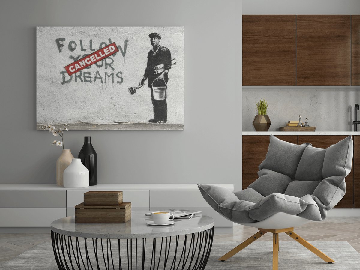 Trendex Global Canvas Schilderij - Banksy - Follow Your Dreams - Graffiti - 120x80x2 cm Wit