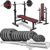 Fitnessbank met halterrek, halterstang met gewichten en losse halterschijven.
