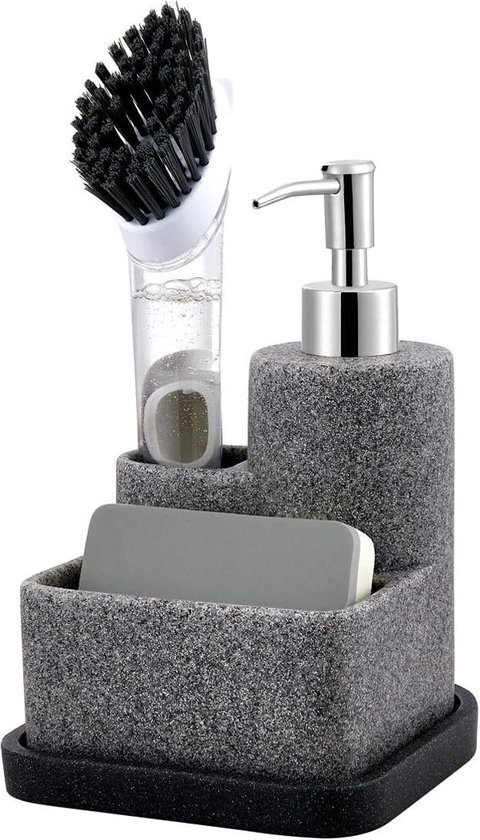 KOOK TIME Afwasmiddeldispenser sponshouder voor keuken | Vloeibare zeepdispenser voor de handen met sponshouder | Zeephouder voor keuken | Materiaal: keramiek | Kleur: wit KOOK TIME Afwasmiddeldispenser sponshouder voor keuken | Vloeibare zeepdispenser voor de handen met sponshouder | Zeephouder voor keuken | Materiaal: keramiek | Kleur: wit