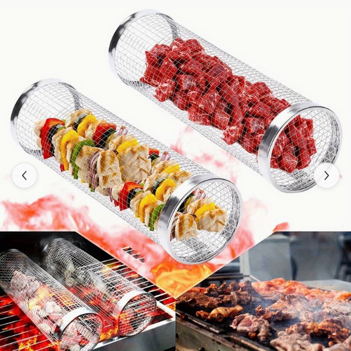 Spieringstore Rollende Grillmand Roestvrijstalen BBQ Grillrooster Mandje Anti-aanbak Vis Groenten Grillrooster BBQ-accessoires voor buiten Picknick Kampvuur Kamperen 1 Stuk (20 cm)