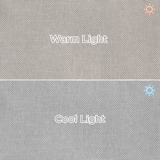 Détail de tissu beige clair sous lumière chaude (en haut) et lumière froide (en bas).