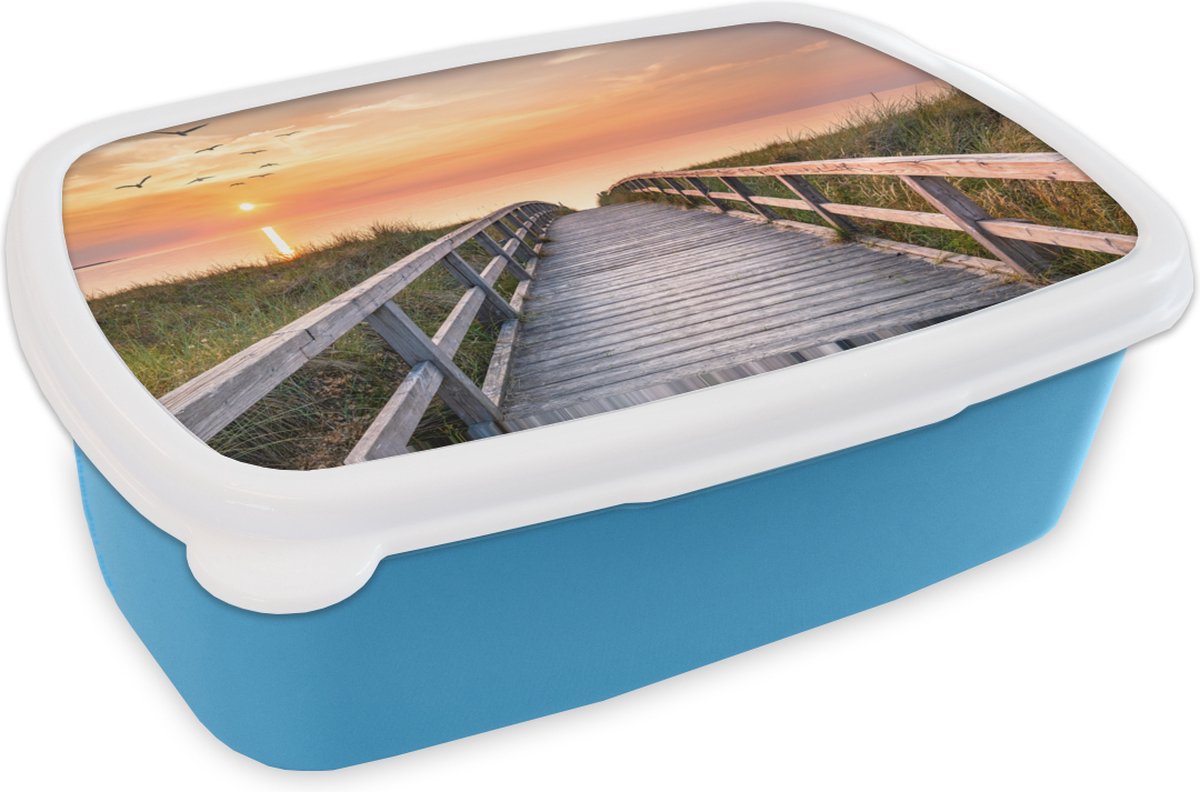 Broodtrommel Blauw - Lunchbox Zonsonderang - Zee - Pad - Gras - Duin - Vogels - Brooddoos 18x12x6 cm - Brood lunch box - Broodtrommels voor kinderen en volwassenen