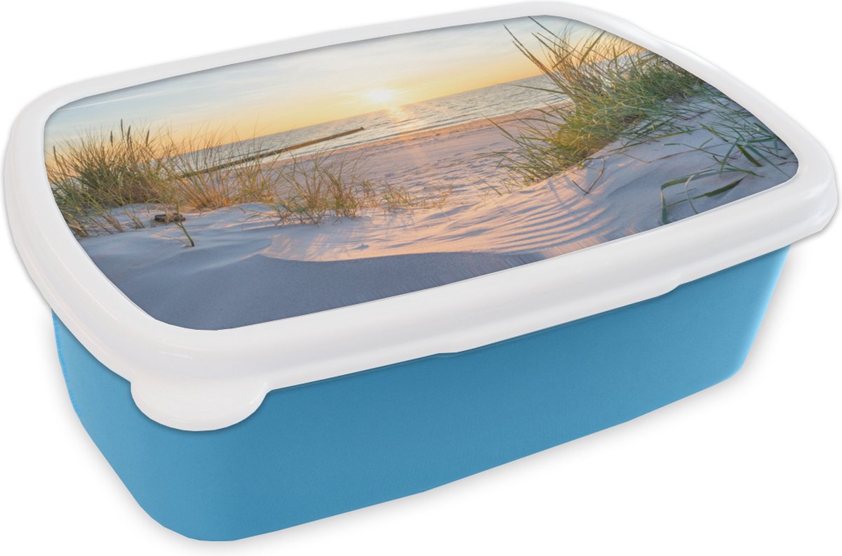 Broodtrommel Blauw - Lunchbox Strand - Zon - Duin - Gras - Zand - Horizon - Brooddoos 18x12x6 cm - Brood lunch box - Broodtrommels voor kinderen en volwassenen