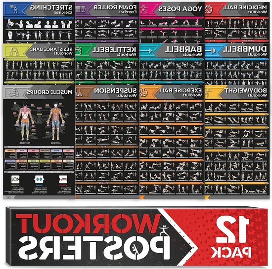 Foto: Laminated large workout poster set 12 pack for home gym exercises dumbbell yoga resistance band kettlebell stretch exercises