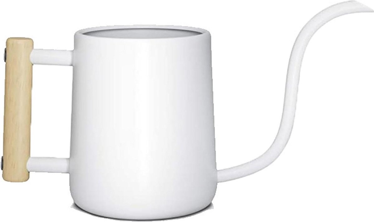 Witte vintage gieter - Roestvrijstalen gieter met houten handgreep - 1 liter