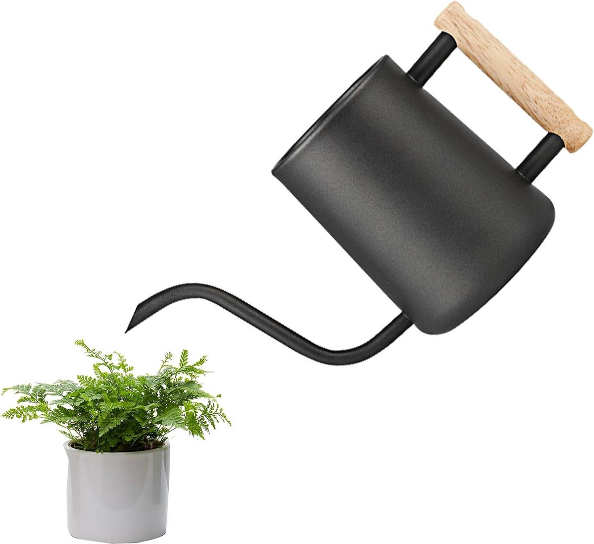 Metalen gieter voor kamerplanten - 1 liter - lange schenktuit - houten handvat - binnengebruik - watering can - gieter.