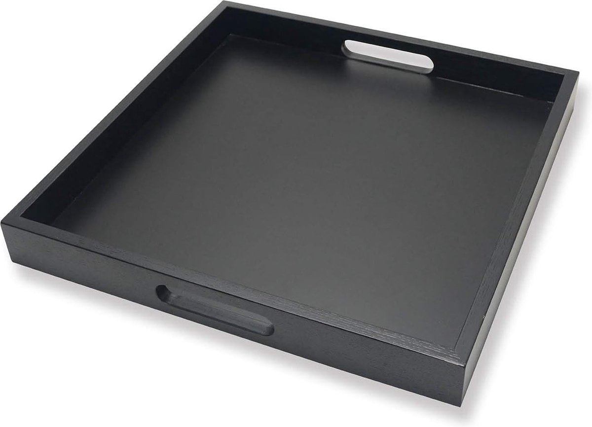 Square Wooden Serving Tray with Handle Ottoman Decorative for Home 16 x 16 Inch Black