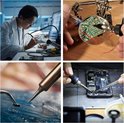 Collage van solderen: vrouw in laboratoriumjas, hand met vergrootglas op printplaat, detail van soldeerboutpunt, reparatie van telefoon.